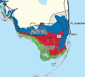 DOTTED=Biscayne Aquifer; RED=below 5ft; BLUE=5to11ft; GREEN=Mangroves